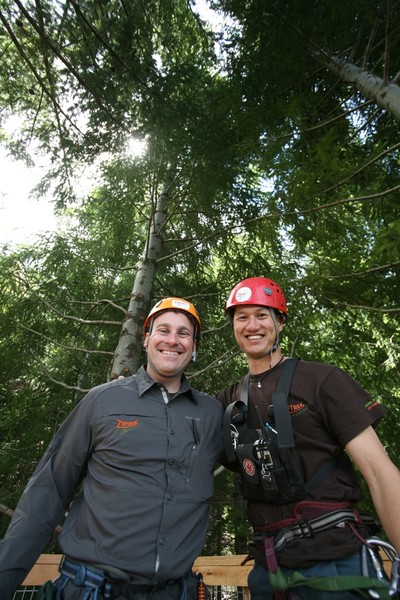 David Udow and Trent Yeo ready to launch Ziptrek from the trees above Queenstown